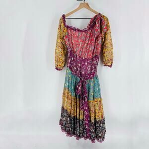 Roosevelt Patchwork Floral Peasant Midi Dress Size Small Tiered Romantic Boho